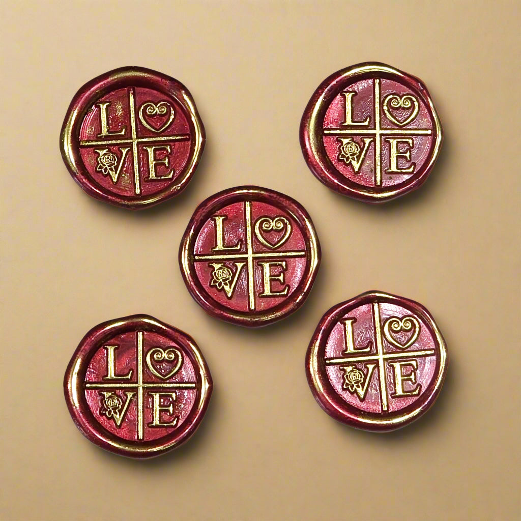 LOVE Wax Seals in Ruby Red and Gold with Adhesive Wax Seals to seal Invitations, Cards and more!