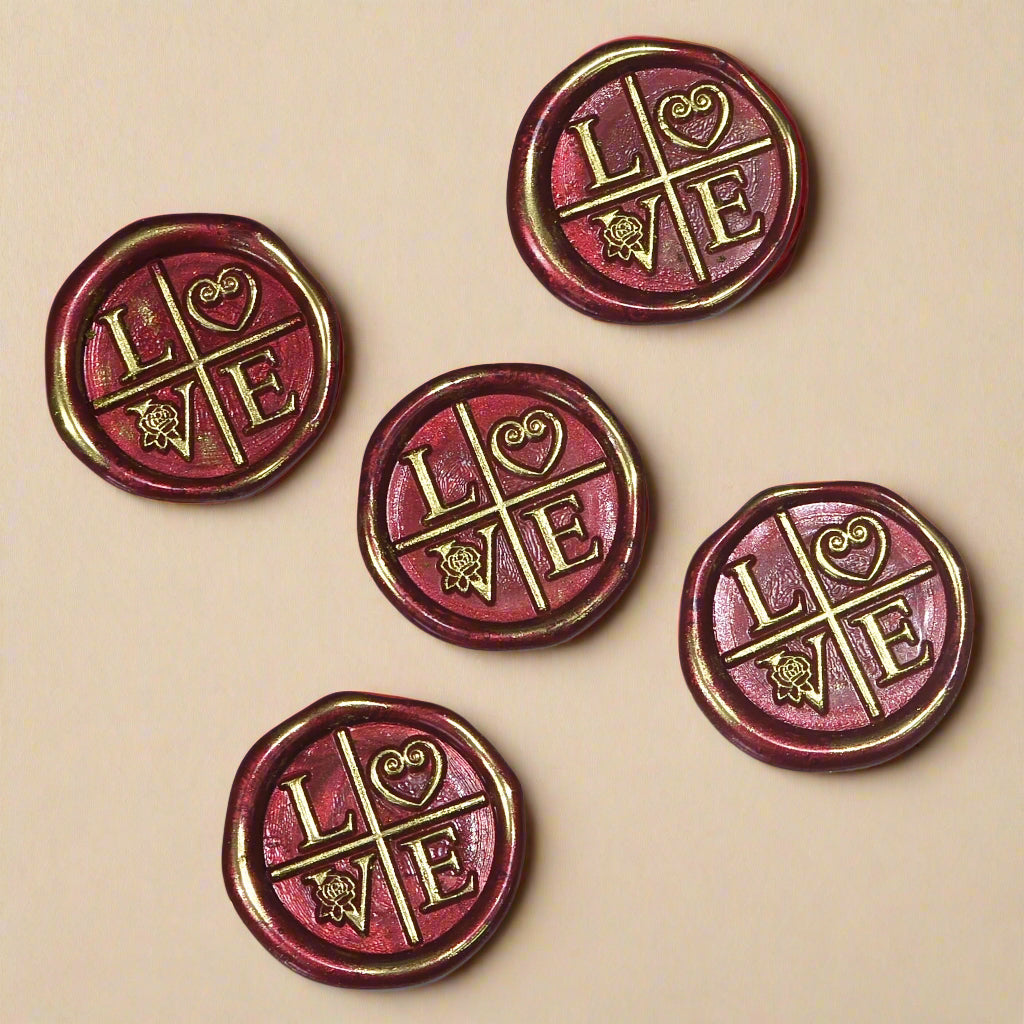 LOVE Wax Seals in Ruby Red and Gold with Adhesive Wax Seals to seal Invitations, Cards and more!