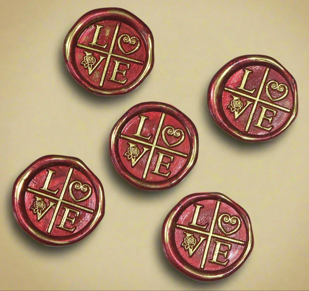 LOVE Wax Seals in Ruby Red and Gold with Adhesive Wax Seals to seal Invitations, Cards and more!