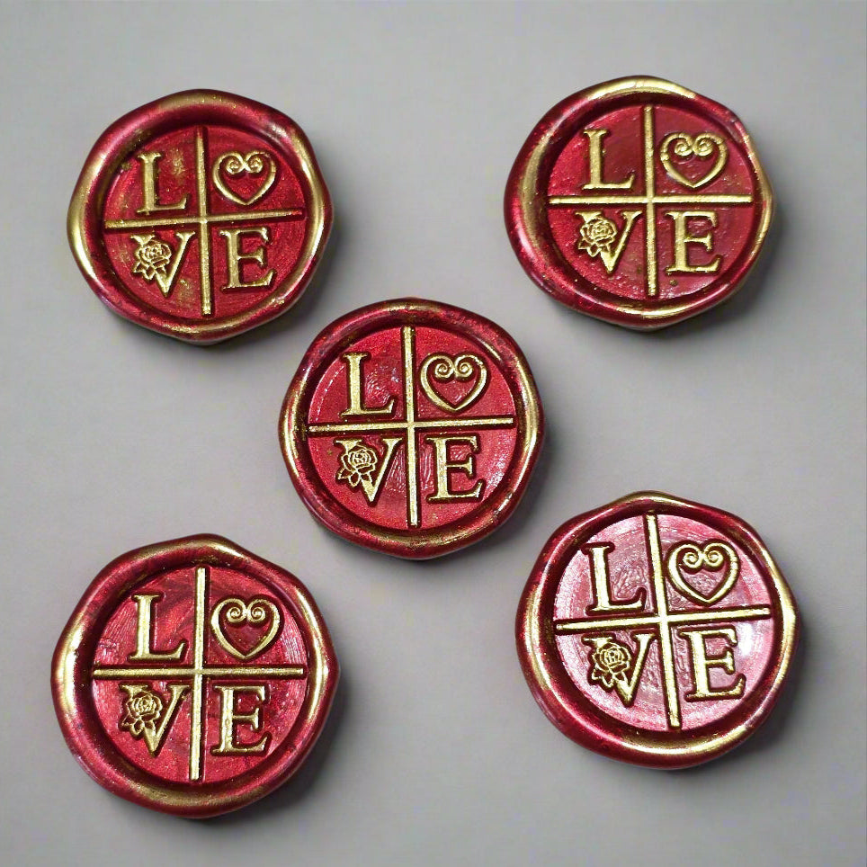 LOVE Wax Seals in Ruby Red and Gold with Adhesive Wax Seals to seal Invitations, Cards and more!