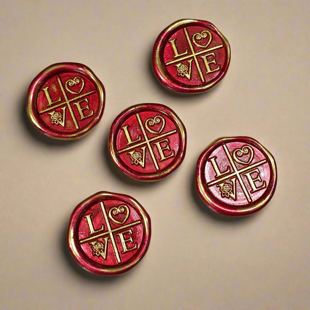 LOVE Wax Seals in Ruby Red and Gold with Adhesive Wax Seals to seal Invitations, Cards and more!