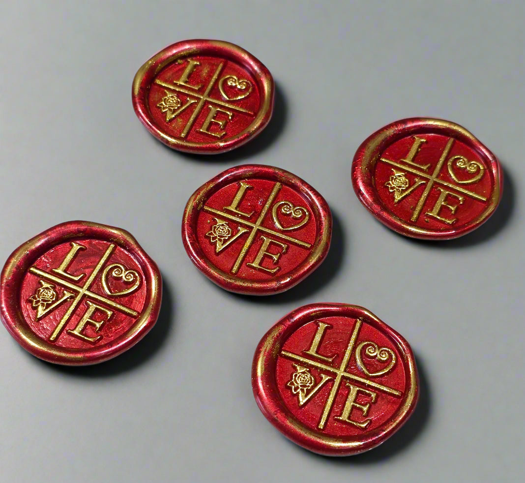 LOVE Wax Seals in Ruby Red and Gold with Adhesive Wax Seals to seal Invitations, Cards and more!