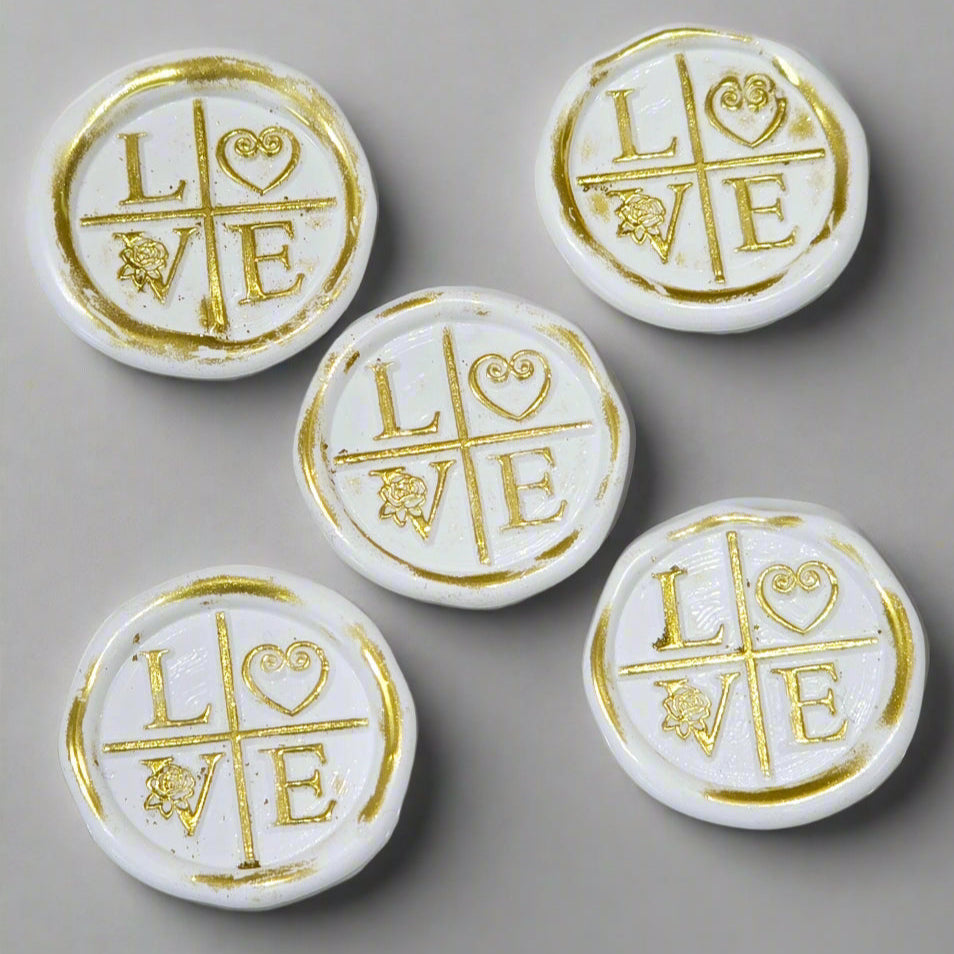 LOVE Wax Seals in White & Gold with Adhesive Wax Seals to seal Invitations, Cards and more!