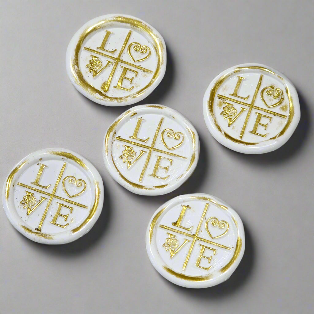 LOVE Wax Seals in White & Gold with Adhesive Wax Seals to seal Invitations, Cards and more!