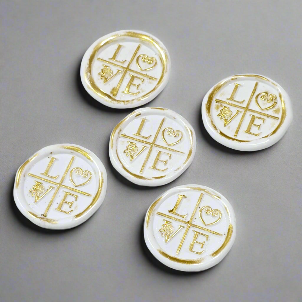 LOVE Wax Seals in White & Gold with Adhesive Wax Seals to seal Invitations, Cards and more!