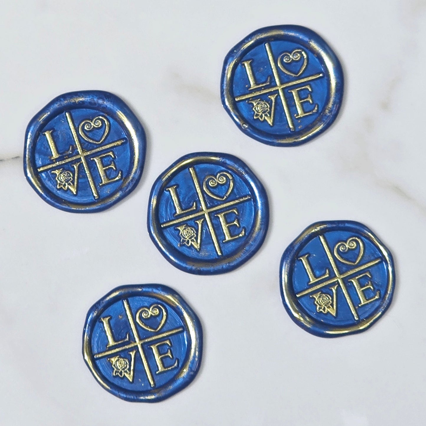LOVE Wax Seals in Blue & Gold with Adhesive Wax Seals to seal Invitations, Cards and more!