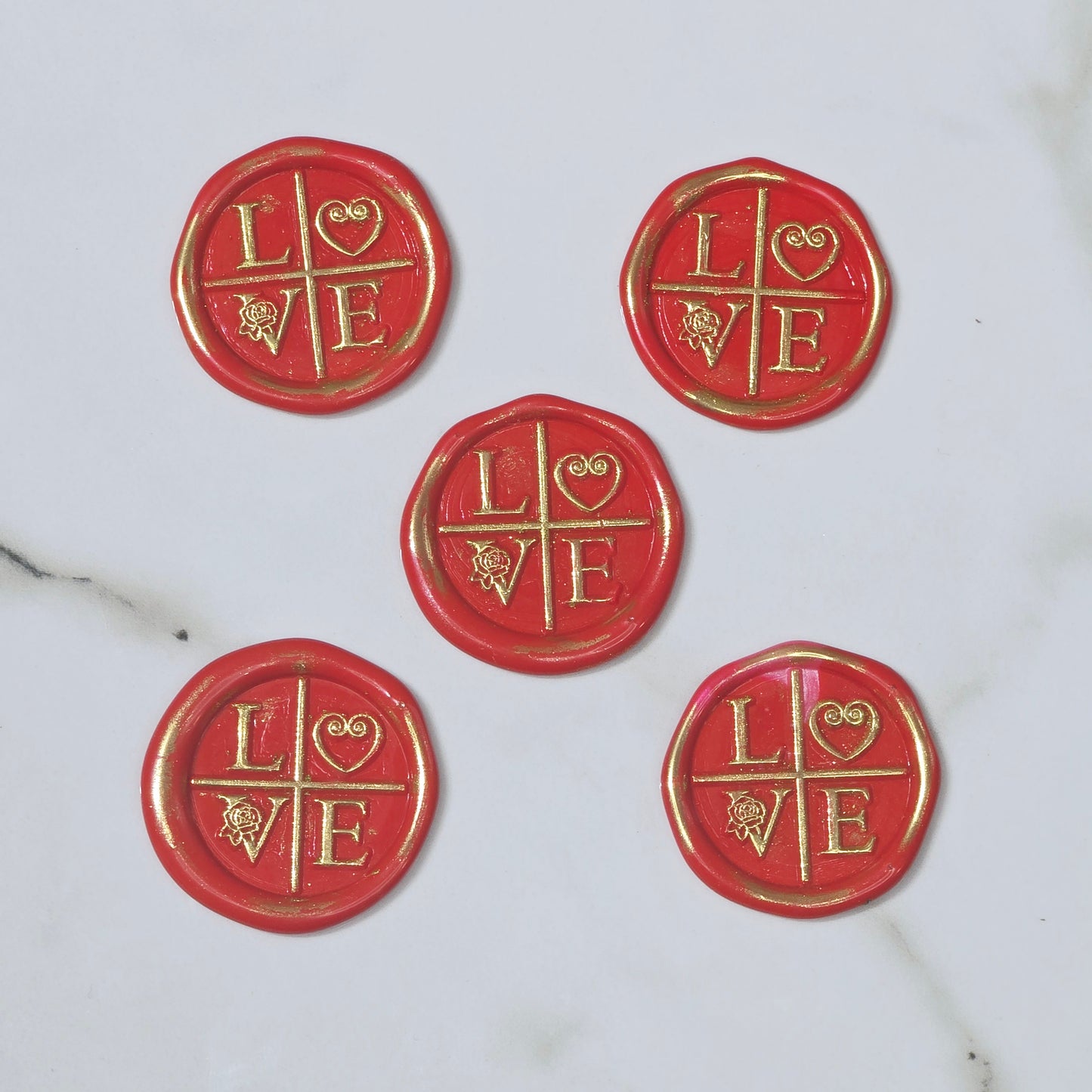 LOVE Wax Seals in Apple Red & Gold with Adhesive Wax Seals to seal Invitations, Cards and more!
