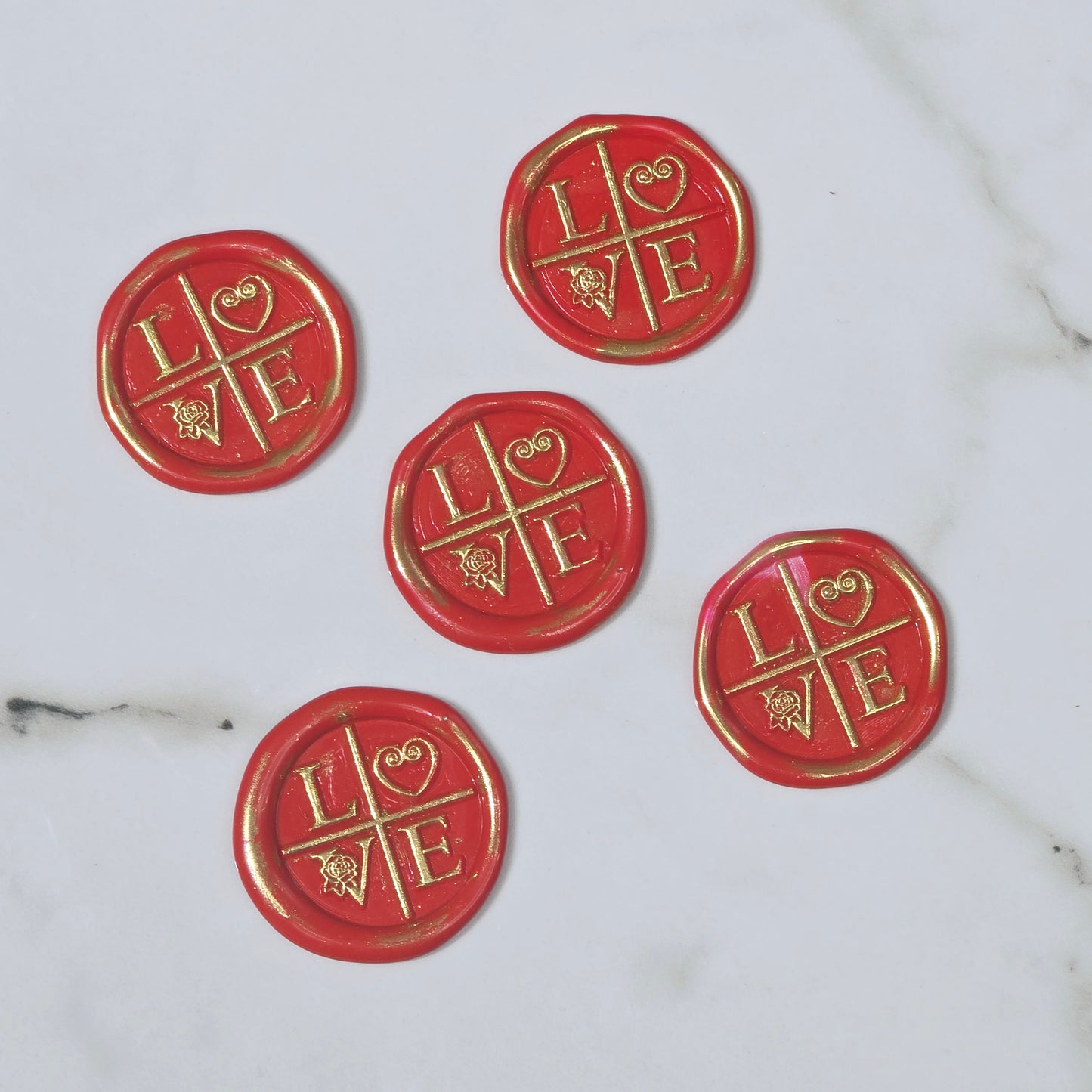 LOVE Wax Seals in Apple Red & Gold with Adhesive Wax Seals to seal Invitations, Cards and more!
