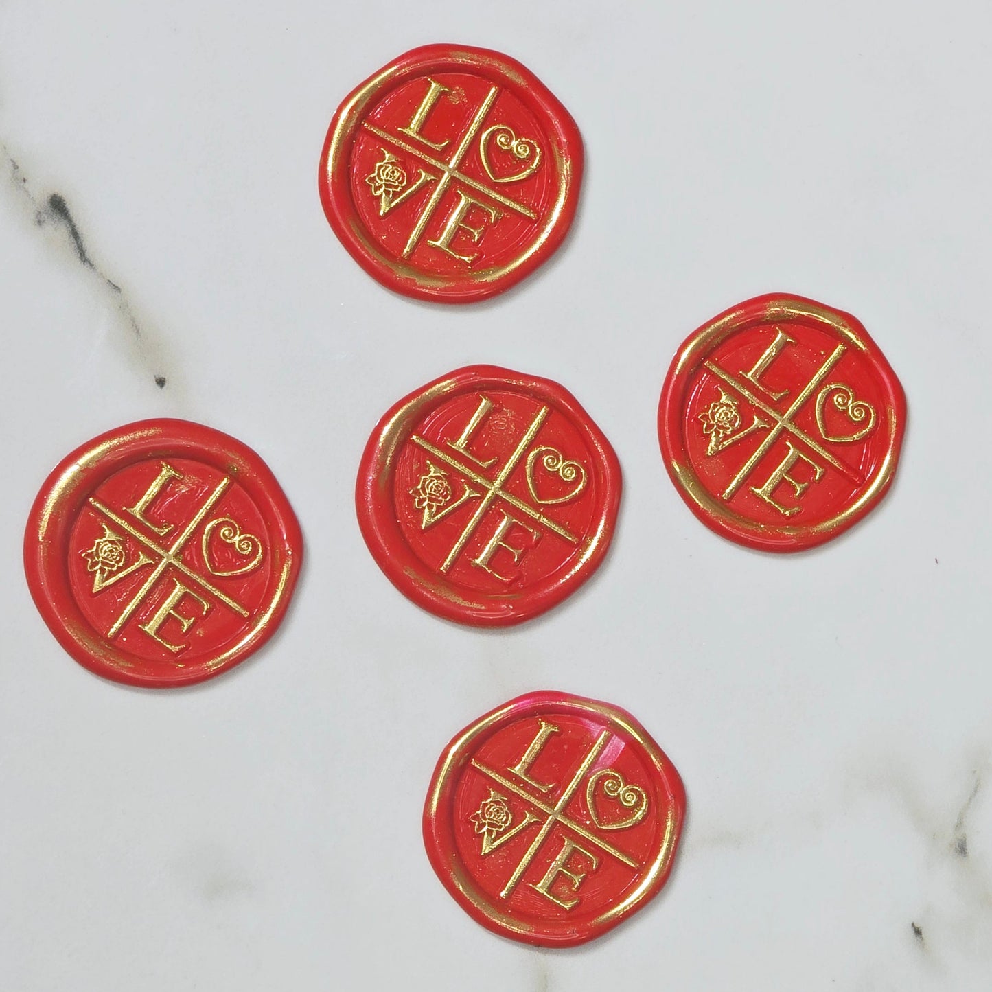 LOVE Wax Seals in Apple Red & Gold with Adhesive Wax Seals to seal Invitations, Cards and more!