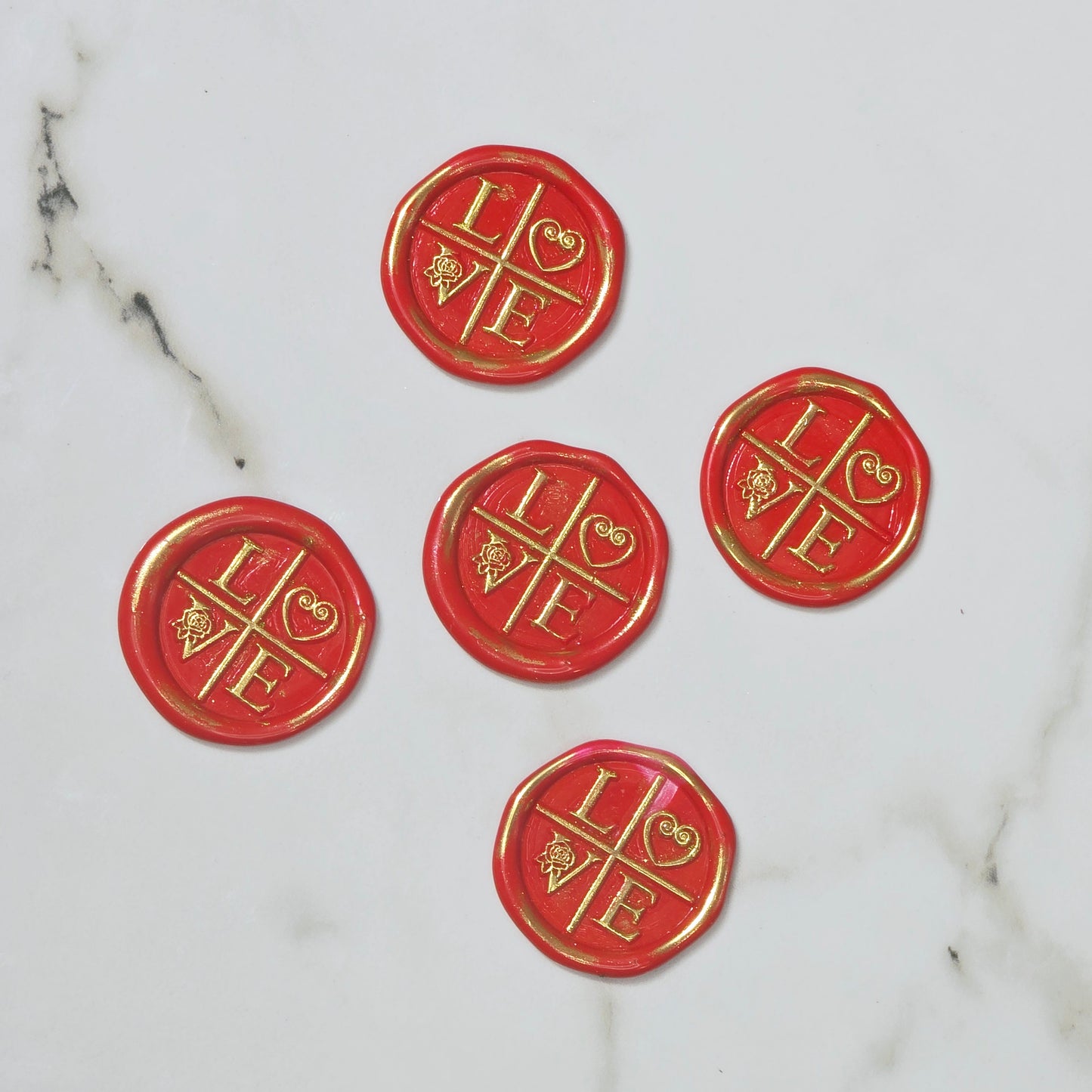 LOVE Wax Seals in Apple Red & Gold with Adhesive Wax Seals to seal Invitations, Cards and more!