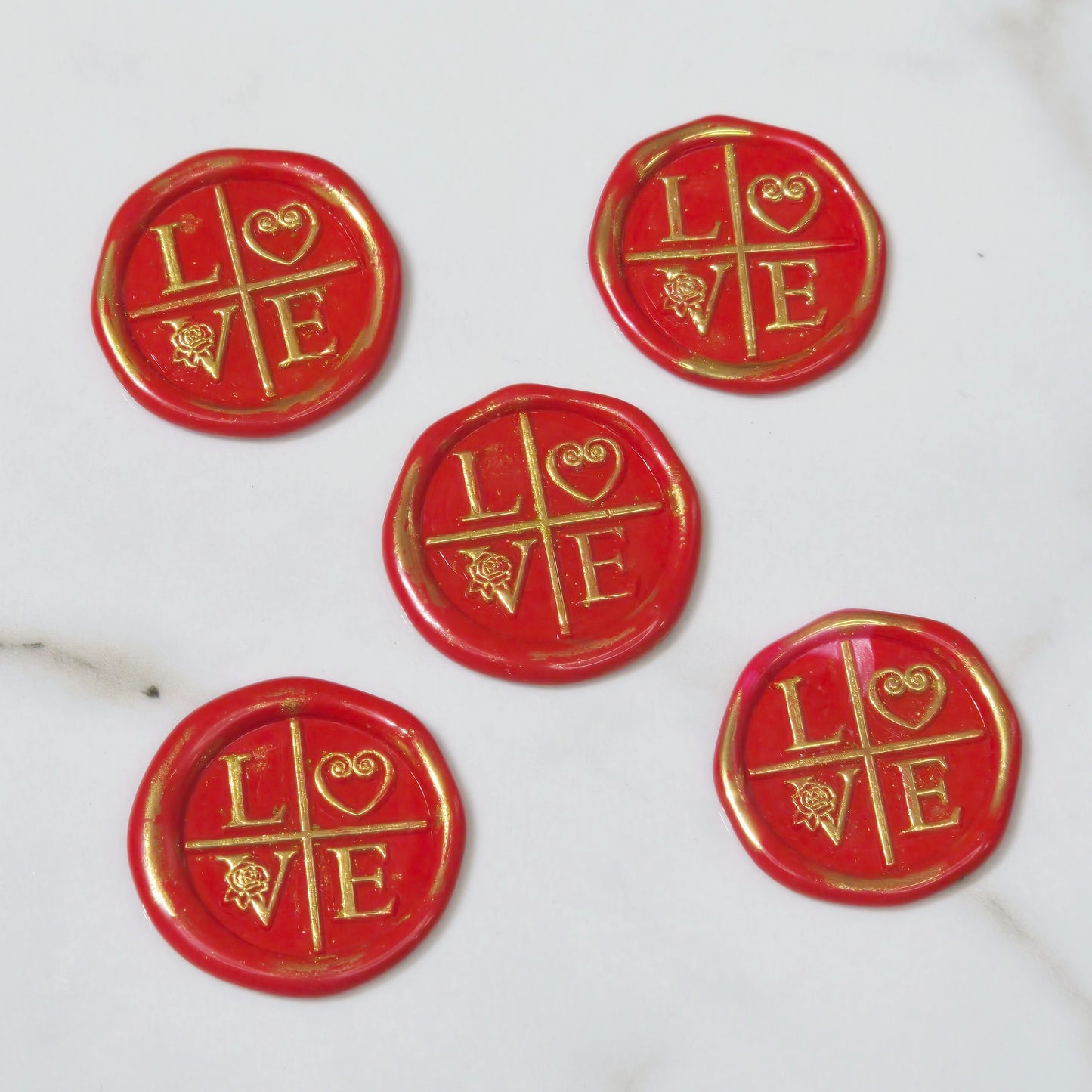 LOVE Wax Seals in Apple Red & Gold with Adhesive Wax Seals to seal Invitations, Cards and more!