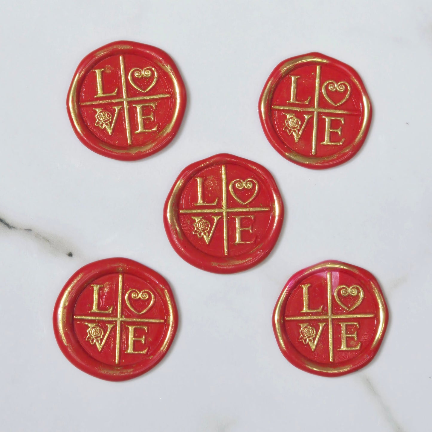 LOVE Wax Seals in Apple Red & Gold with Adhesive Wax Seals to seal Invitations, Cards and more!