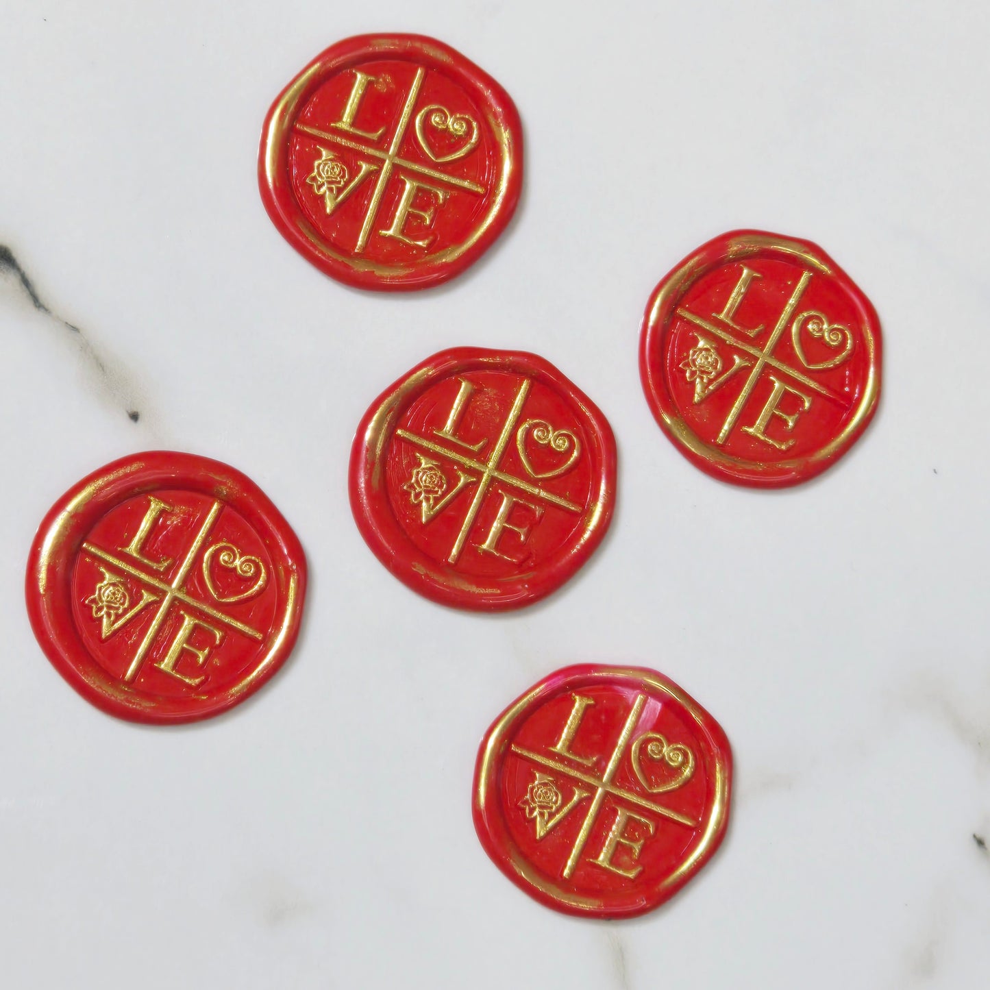 LOVE Wax Seals in Apple Red & Gold with Adhesive Wax Seals to seal Invitations, Cards and more!