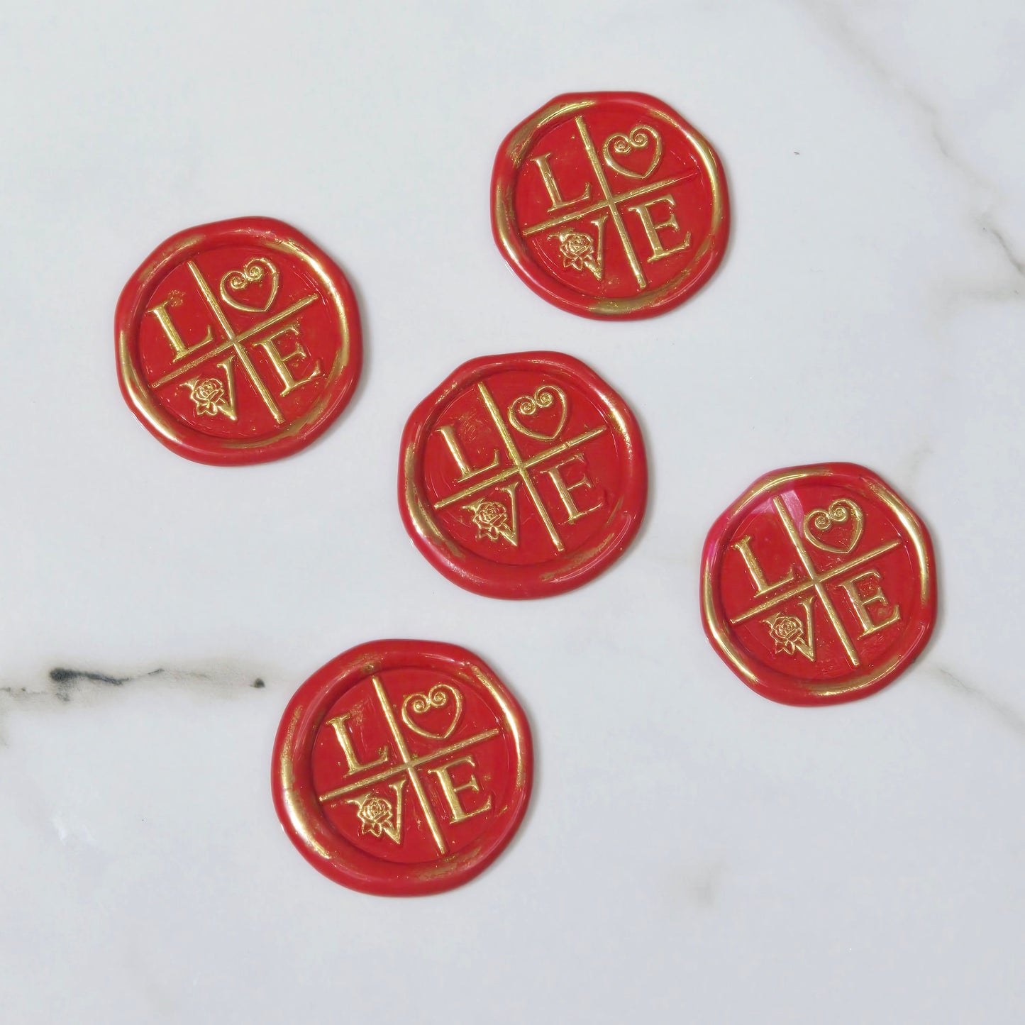 LOVE Wax Seals in Apple Red & Gold with Adhesive Wax Seals to seal Invitations, Cards and more!