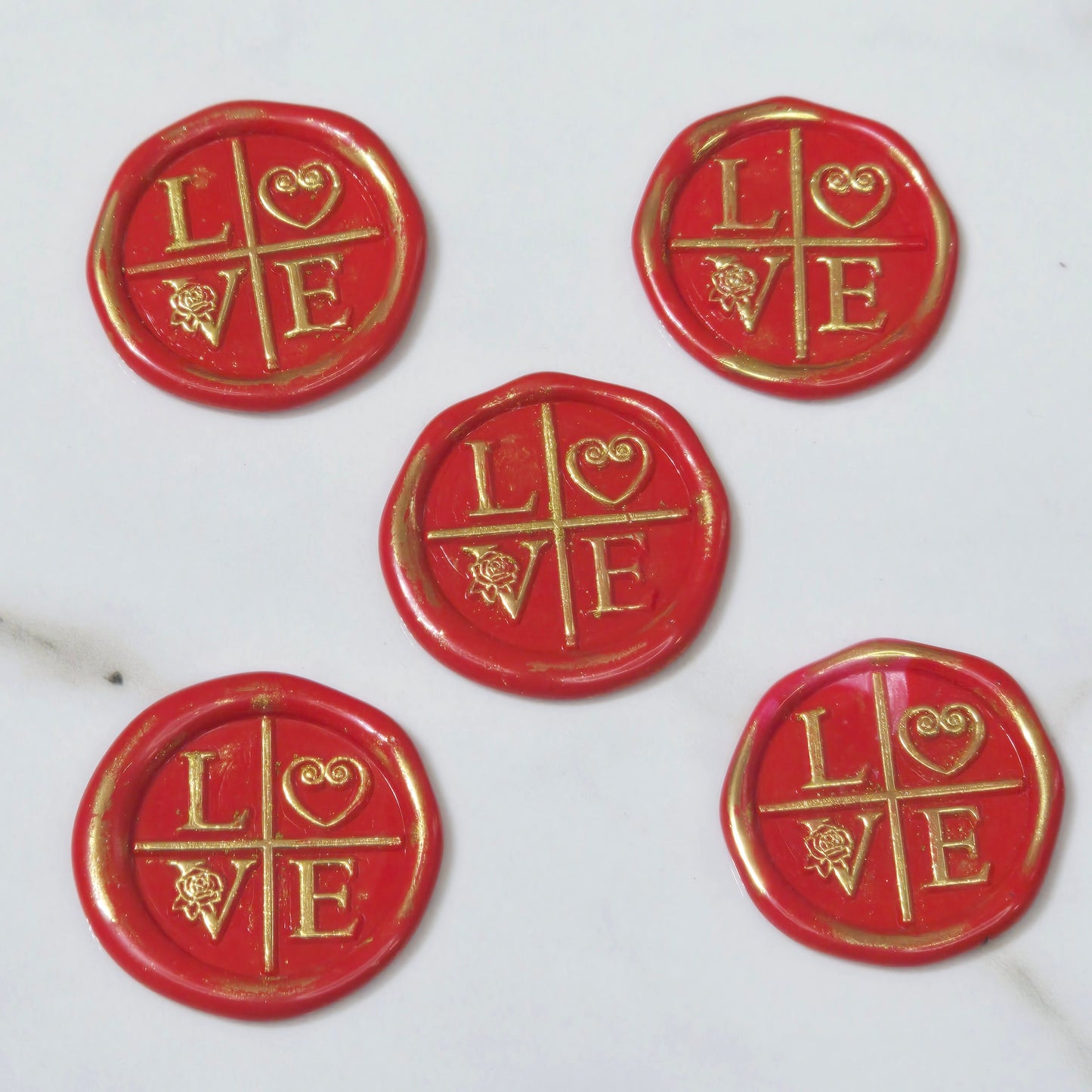 LOVE Wax Seals in Apple Red & Gold with Adhesive Wax Seals to seal Invitations, Cards and more!