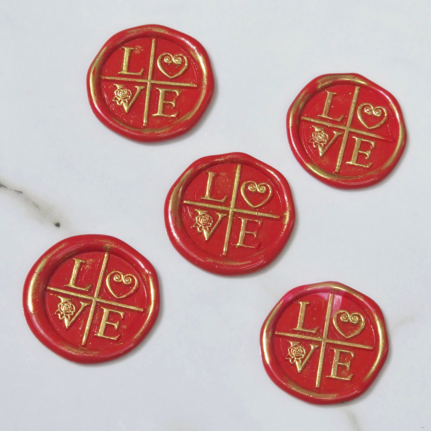 LOVE Wax Seals in Apple Red & Gold with Adhesive Wax Seals to seal Invitations, Cards and more!