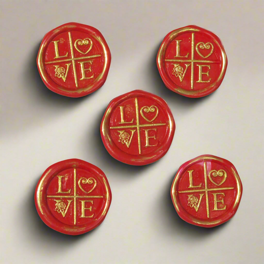 LOVE Wax Seals in Apple Red & Gold with Adhesive Wax Seals to seal Invitations, Cards and more!