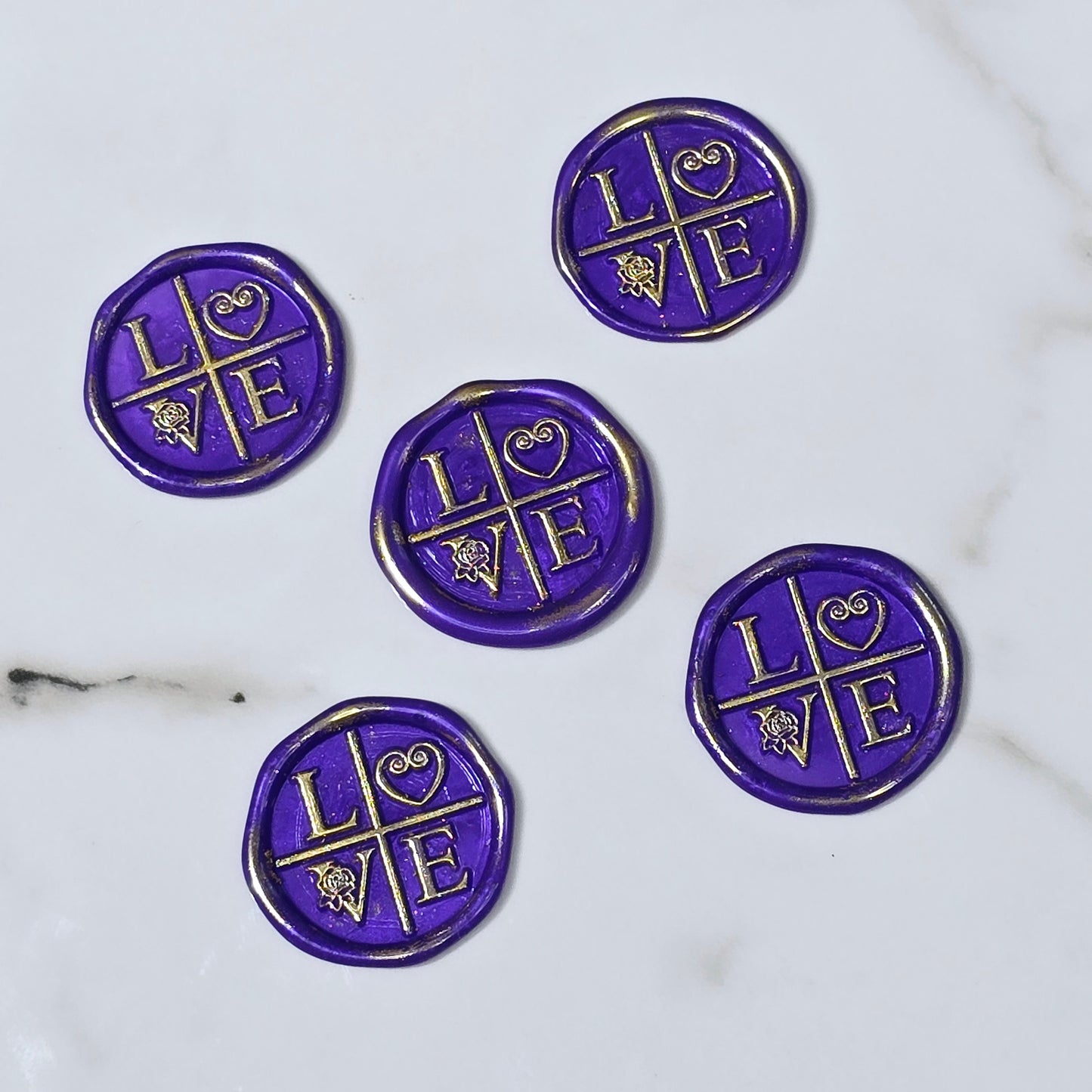 LOVE Wax Seals in Purple & Gold with Adhesive Wax Seals to seal Invitations, Cards and more!