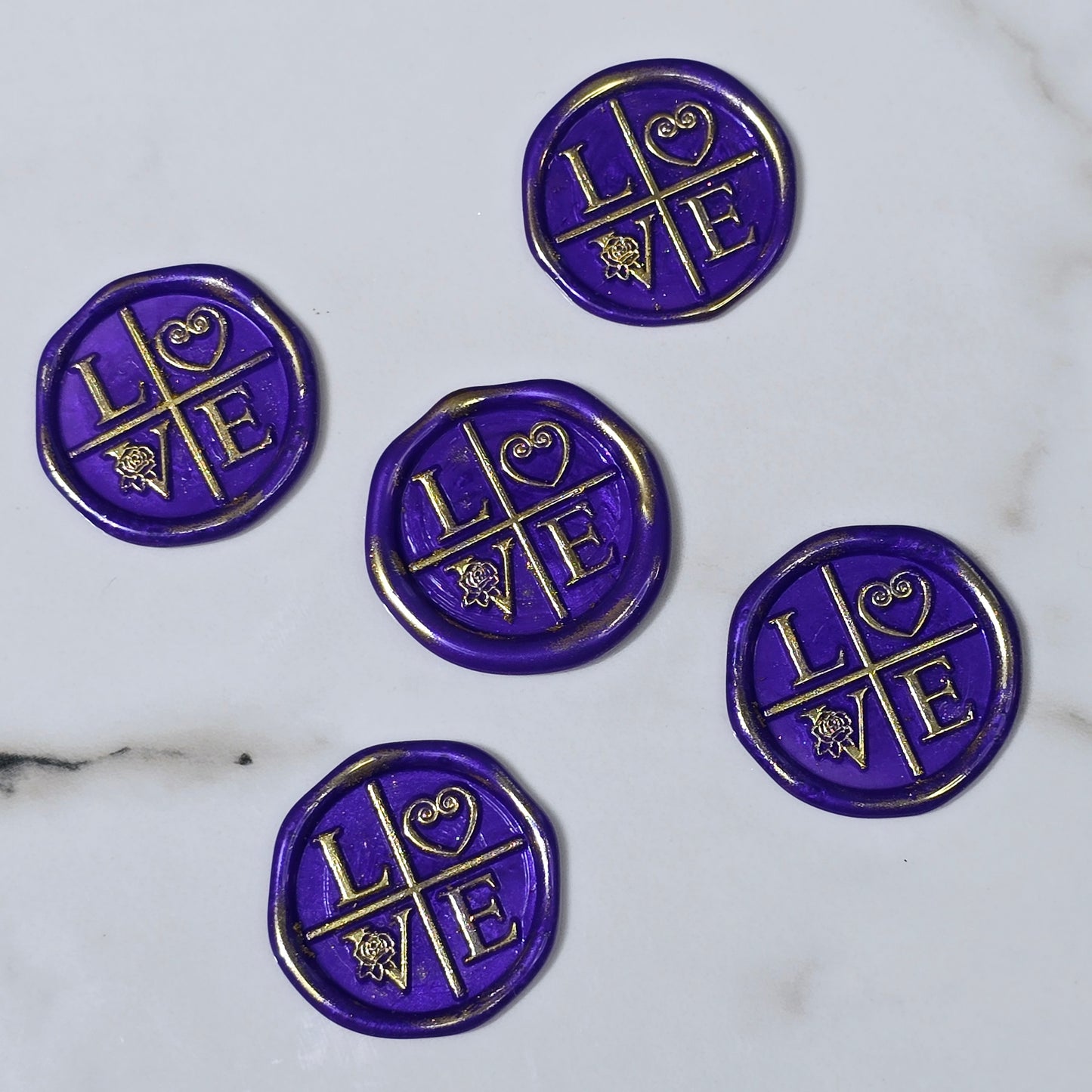 LOVE Wax Seals in Purple & Gold with Adhesive Wax Seals to seal Invitations, Cards and more!