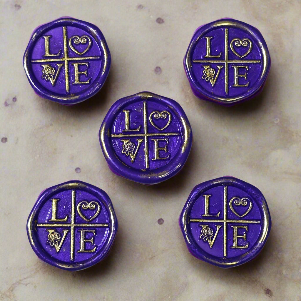 LOVE Wax Seals in Purple & Gold with Adhesive Wax Seals to seal Invitations, Cards and more!