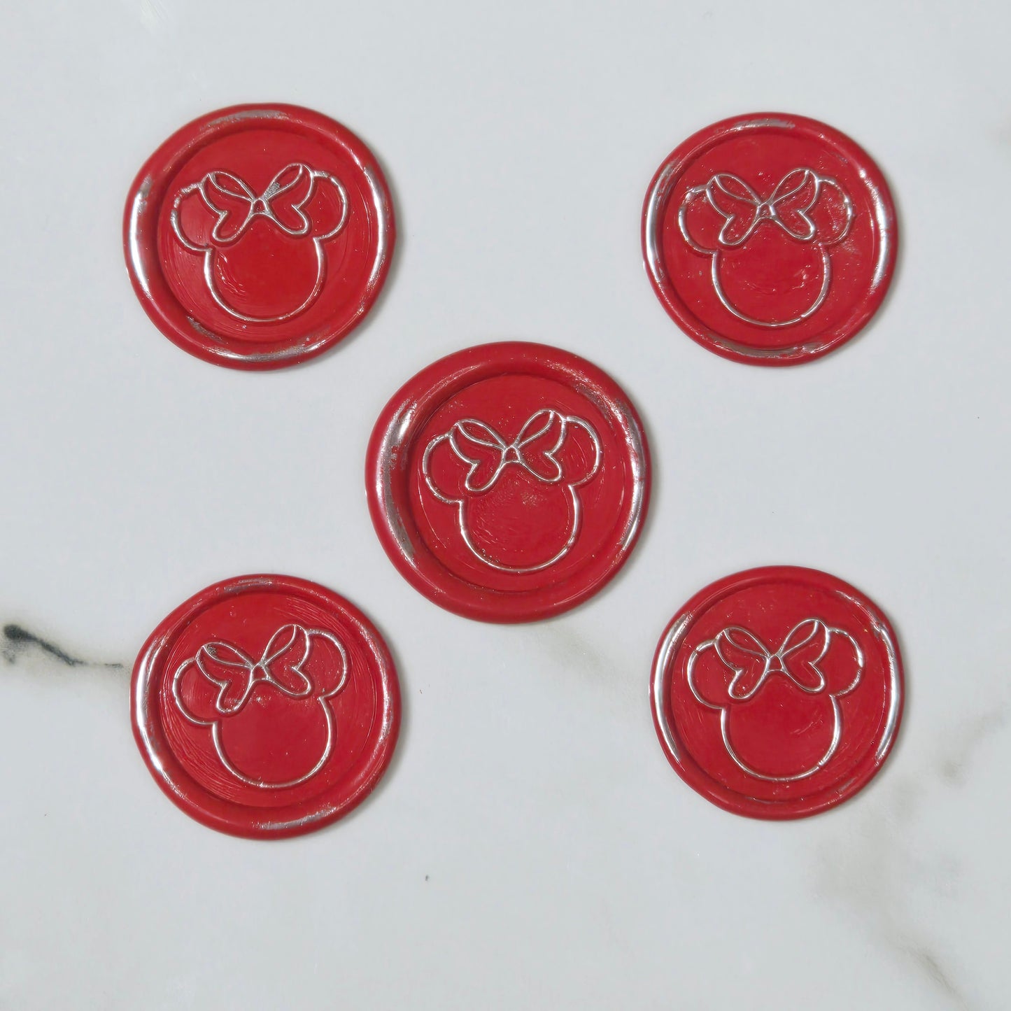 Minnie Mouse wax seals bright red & silver set of five, for cards, invitations, letters and gifts!