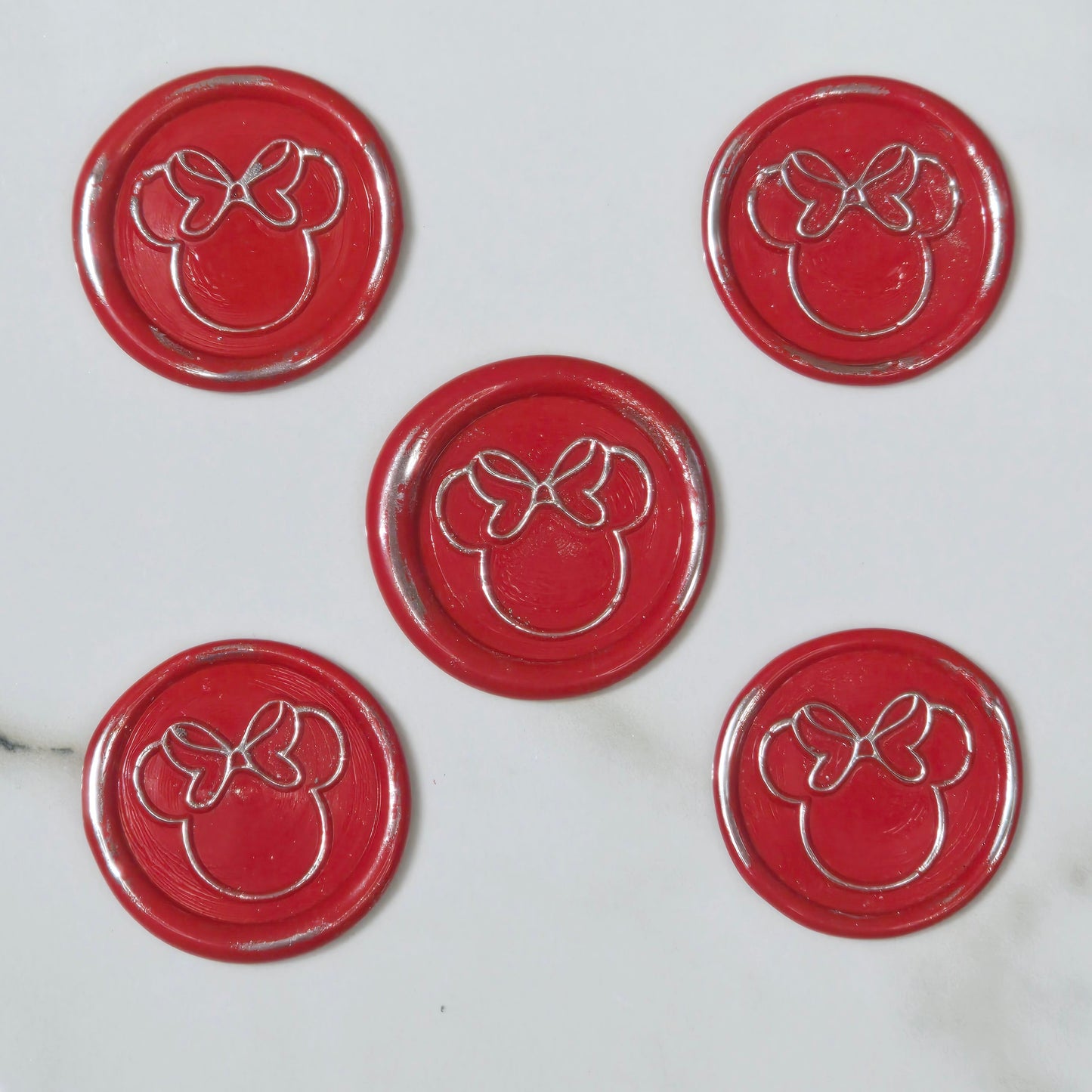 Minnie Mouse wax seals bright red & silver set of five, for cards, invitations, letters and gifts!