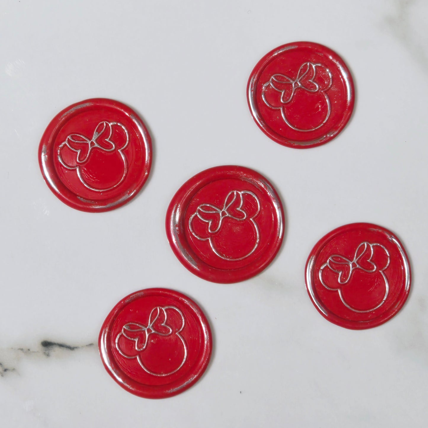 Minnie Mouse wax seals bright red & silver set of five, for cards, invitations, letters and gifts!