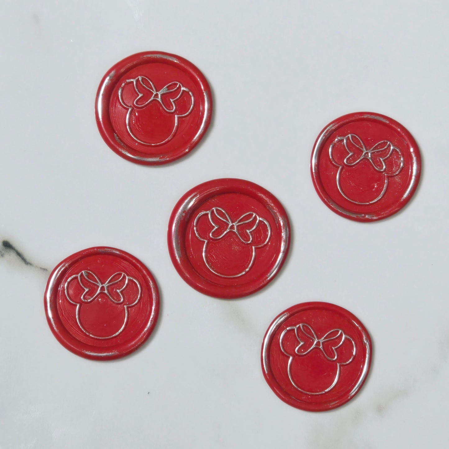 Minnie Mouse wax seals bright red & silver set of five, for cards, invitations, letters and gifts!