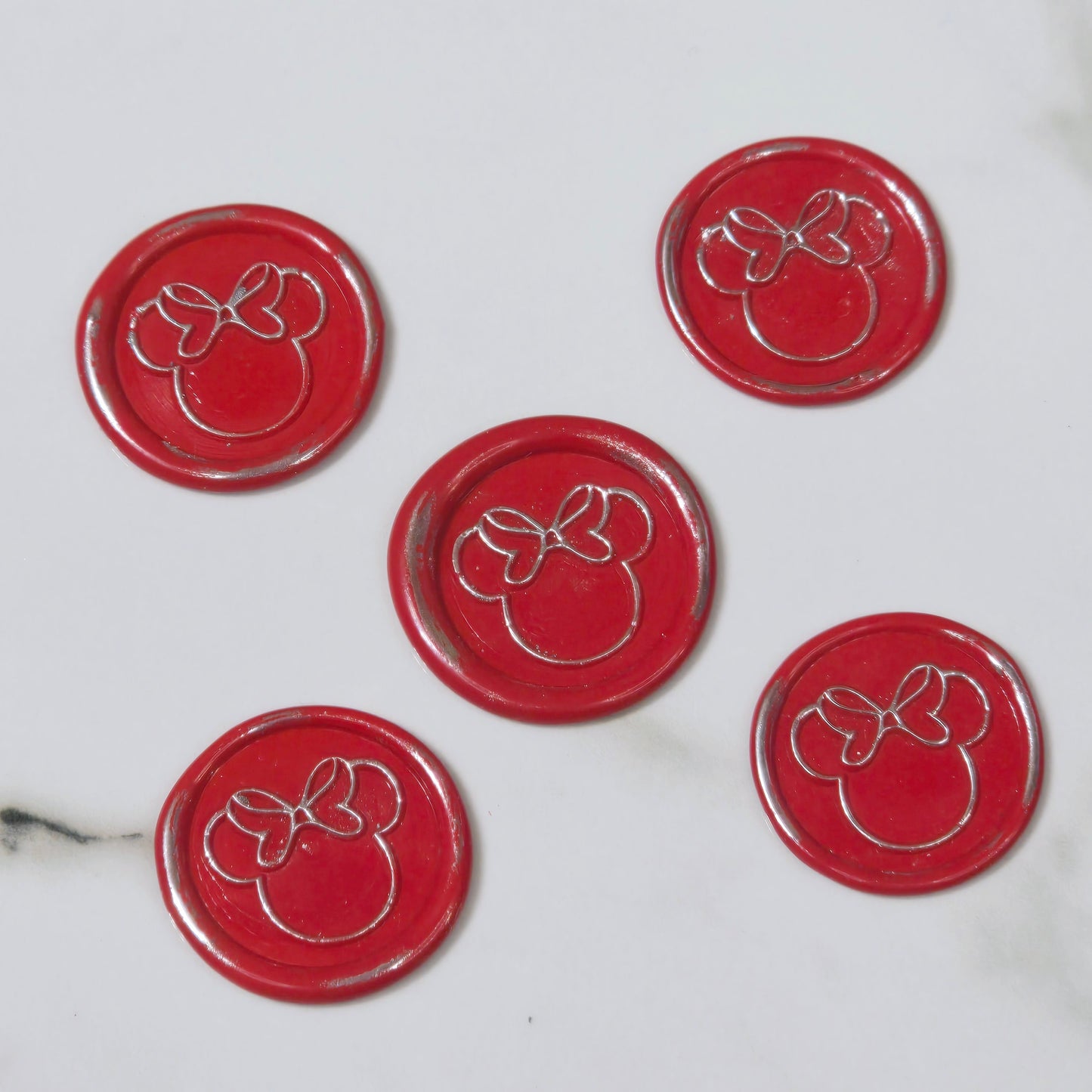 Minnie Mouse wax seals bright red & silver set of five, for cards, invitations, letters and gifts!