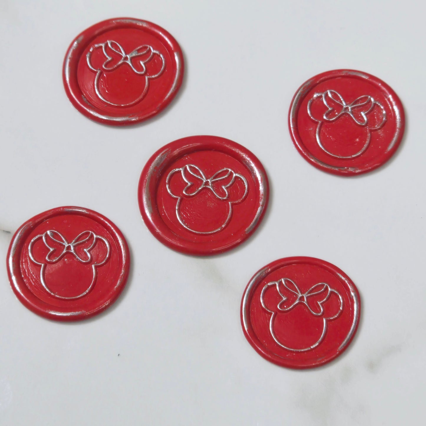 Minnie Mouse wax seals bright red & silver set of five, for cards, invitations, letters and gifts!