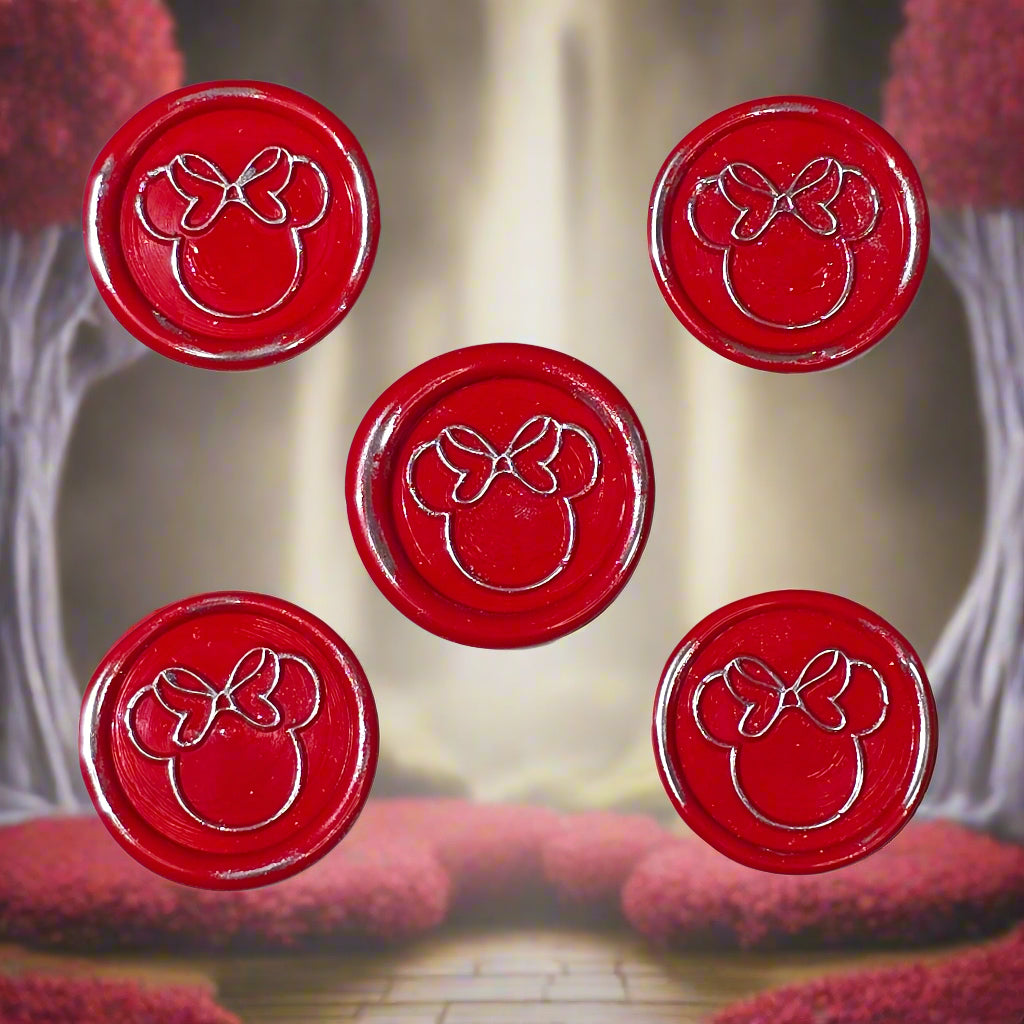 Minnie Mouse wax seals bright red & silver set of five, for cards, invitations, letters and gifts!