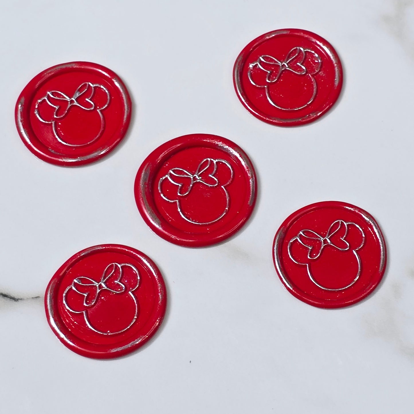 Minnie Mouse wax seals bright red & silver set of five, for cards, invitations, letters and gifts!