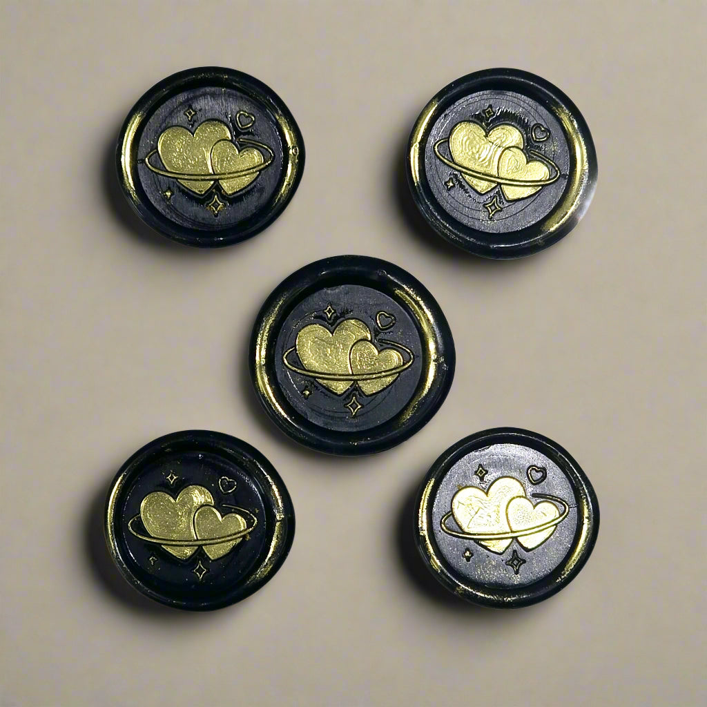 Wax Seals Black & Gold Hearts Set of Five, with Adhesive Wax Seals for Cards, Invitations and Gifts