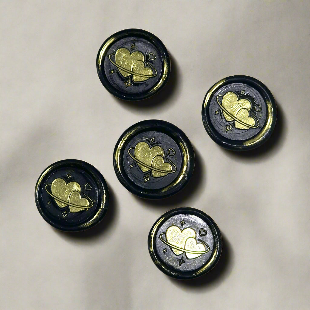 Wax Seals Black & Gold Hearts Set of Five, with Adhesive Wax Seals for Cards, Invitations and Gifts