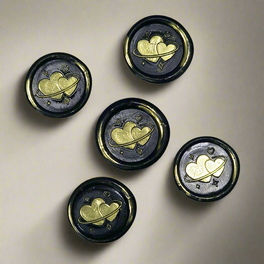 Wax Seals Black & Gold Hearts Set of Five, with Adhesive Wax Seals for Cards, Invitations and Gifts