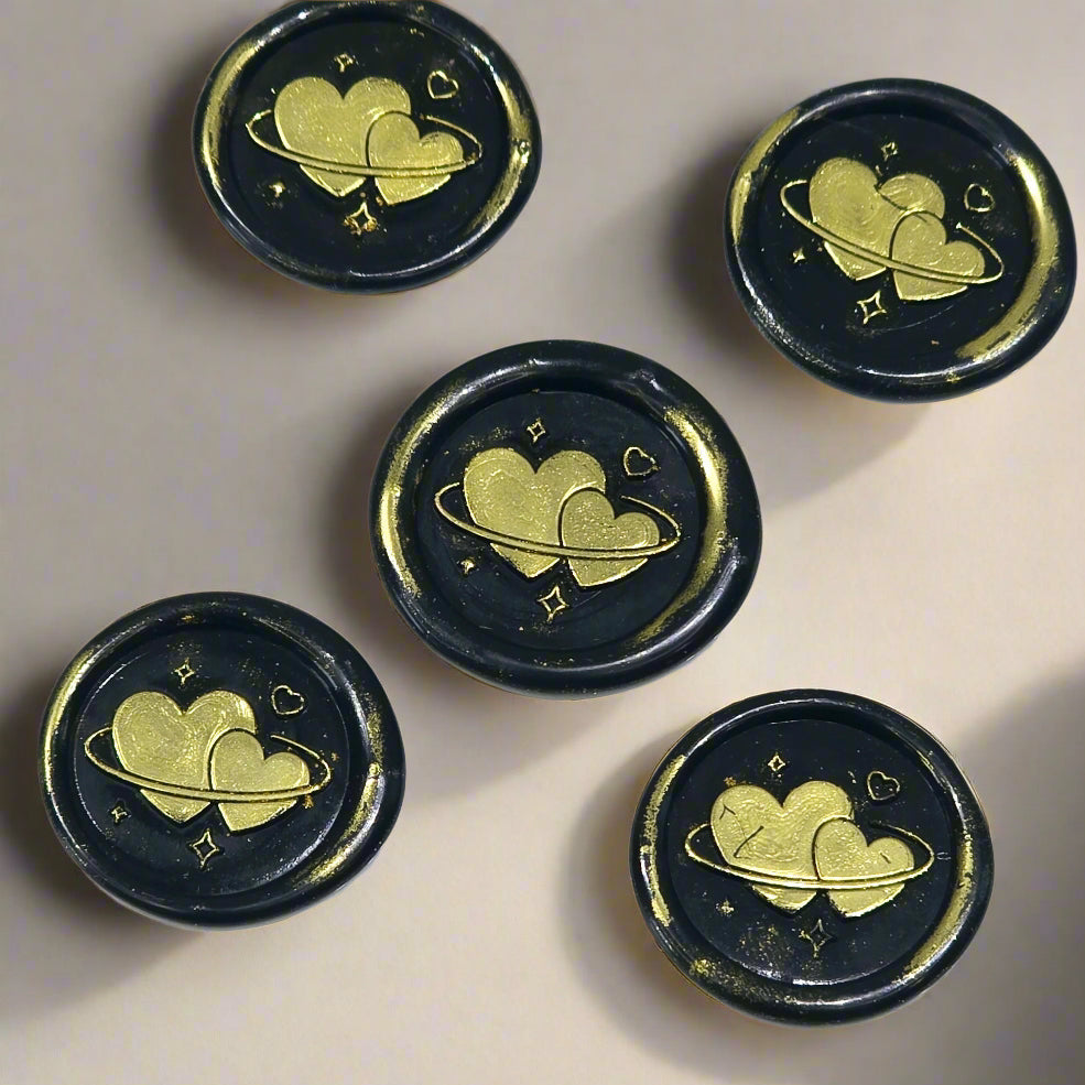Wax Seals Black & Gold Hearts Set of Five, with Adhesive Wax Seals for Cards, Invitations and Gifts