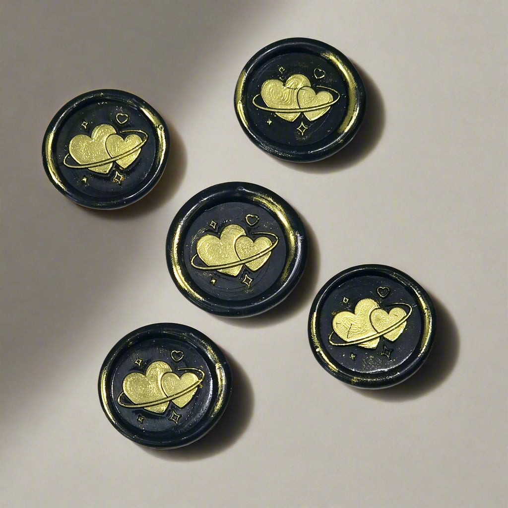 Wax Seals Black & Gold Hearts Set of Five, with Adhesive Wax Seals for Cards, Invitations and Gifts