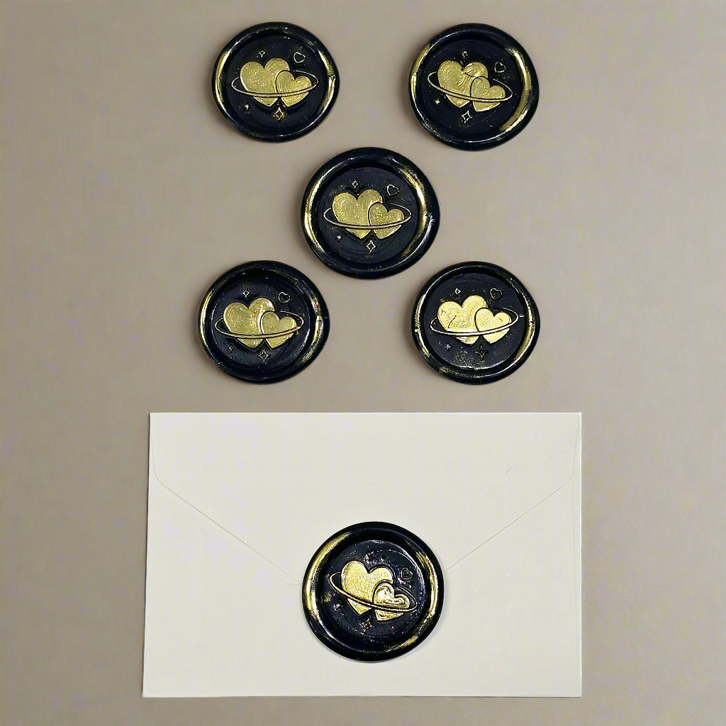 Wax Seals Black & Gold Hearts Set of Five, with Adhesive Wax Seals for Cards, Invitations and Gifts
