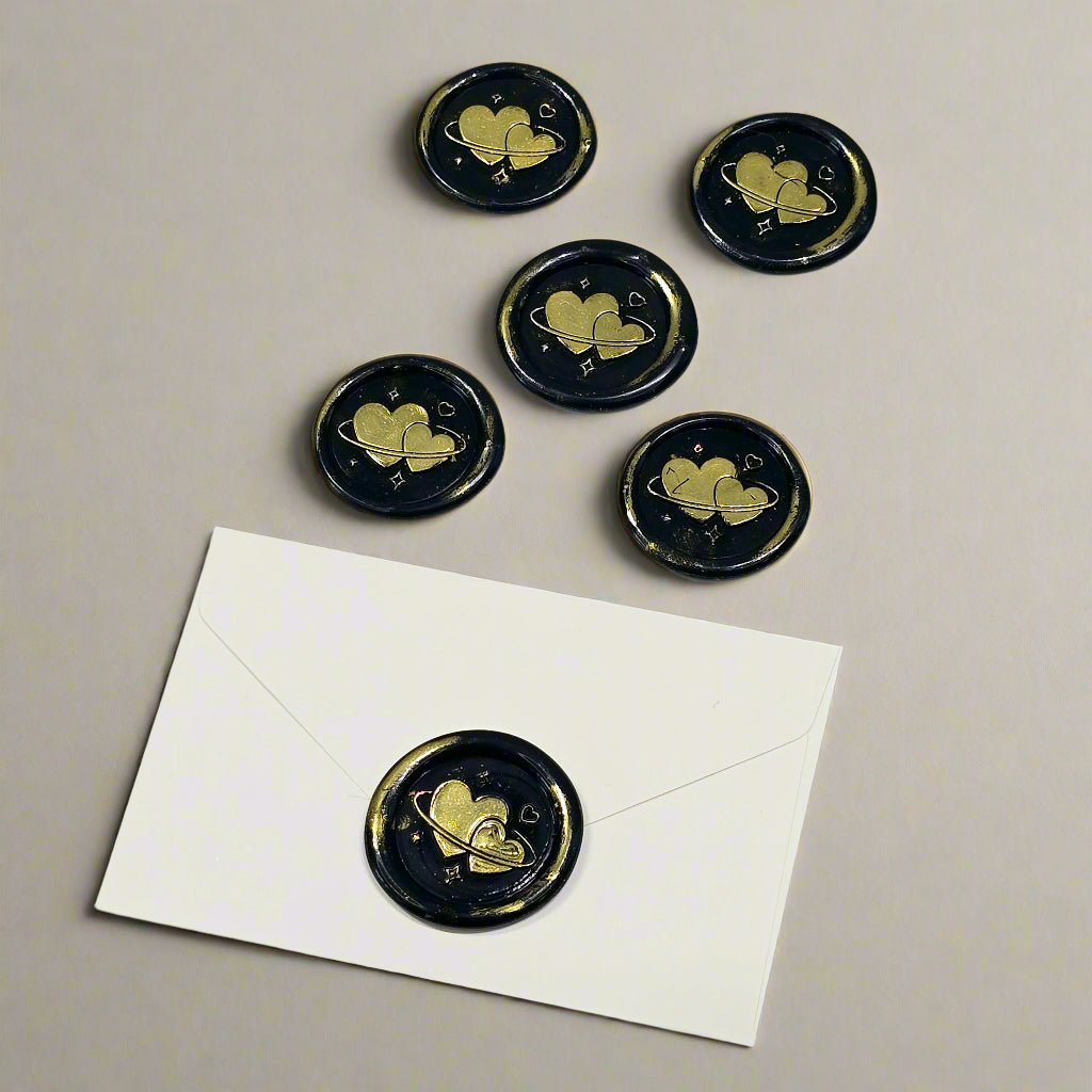 Wax Seals Black & Gold Hearts Set of Five, with Adhesive Wax Seals for Cards, Invitations and Gifts