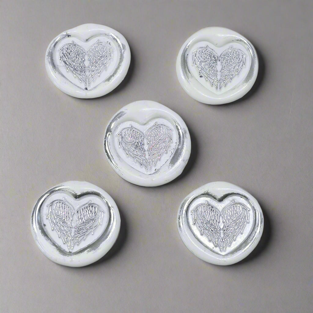 Angel Wings Heart Wax Seals White & Silver Set of Five, with Adhesive Wax Seals for Cards, Invitations and Gifts