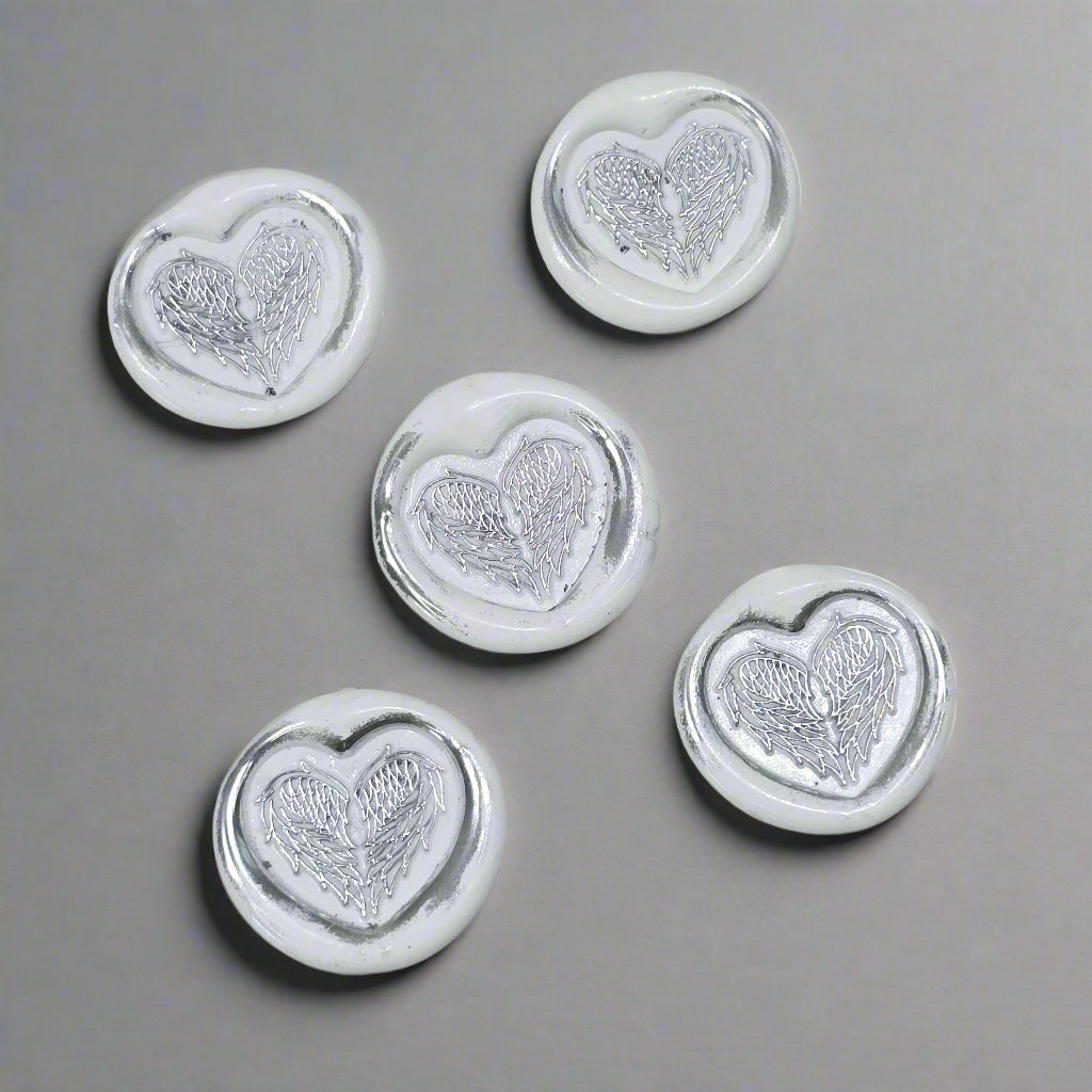 Angel Wings Heart Wax Seals White & Silver Set of Five, with Adhesive Wax Seals for Cards, Invitations and Gifts