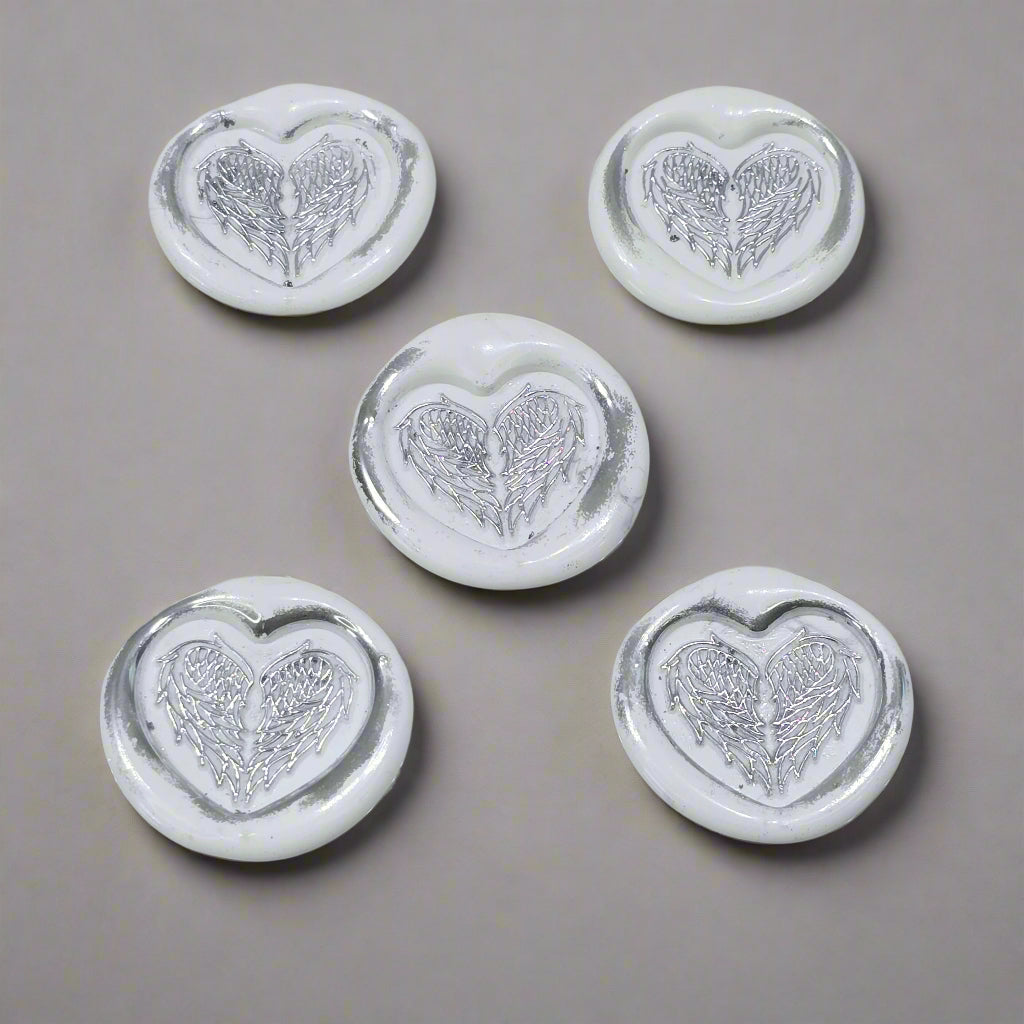 Angel Wings Heart Wax Seals White & Silver Set of Five, with Adhesive Wax Seals for Cards, Invitations and Gifts