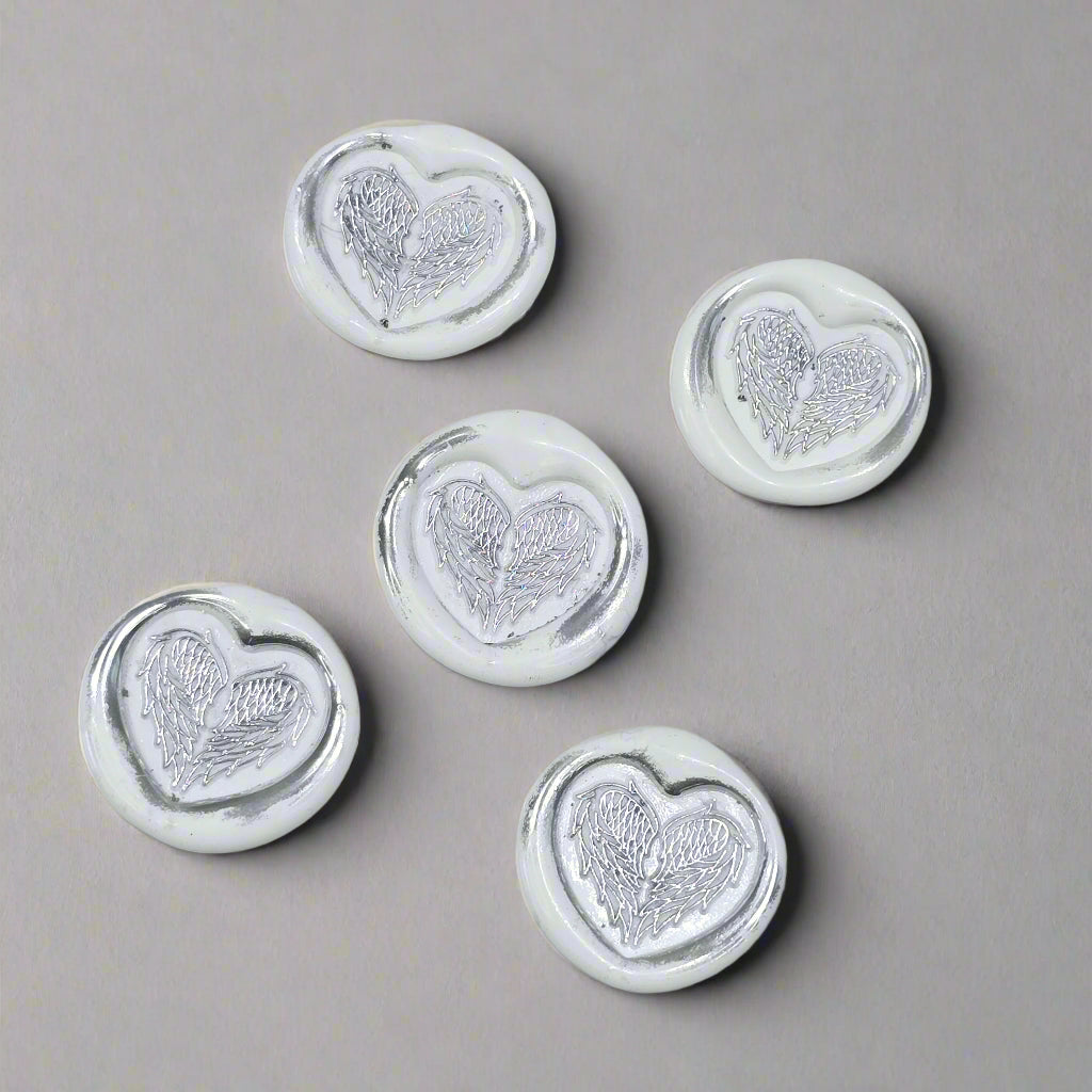 Angel Wings Heart Wax Seals White & Silver Set of Five, with Adhesive Wax Seals for Cards, Invitations and Gifts