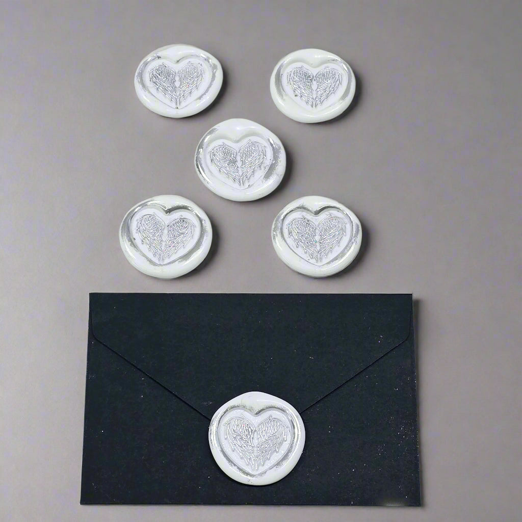 Angel Wings Heart Wax Seals White & Silver Set of Five, with Adhesive Wax Seals for Cards, Invitations and Gifts
