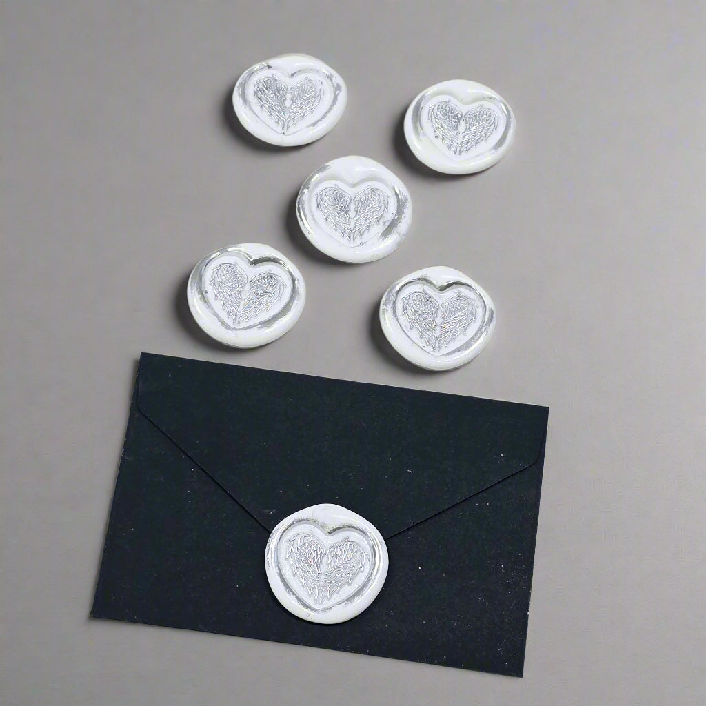 Angel Wings Heart Wax Seals White & Silver Set of Five, with Adhesive Wax Seals for Cards, Invitations and Gifts