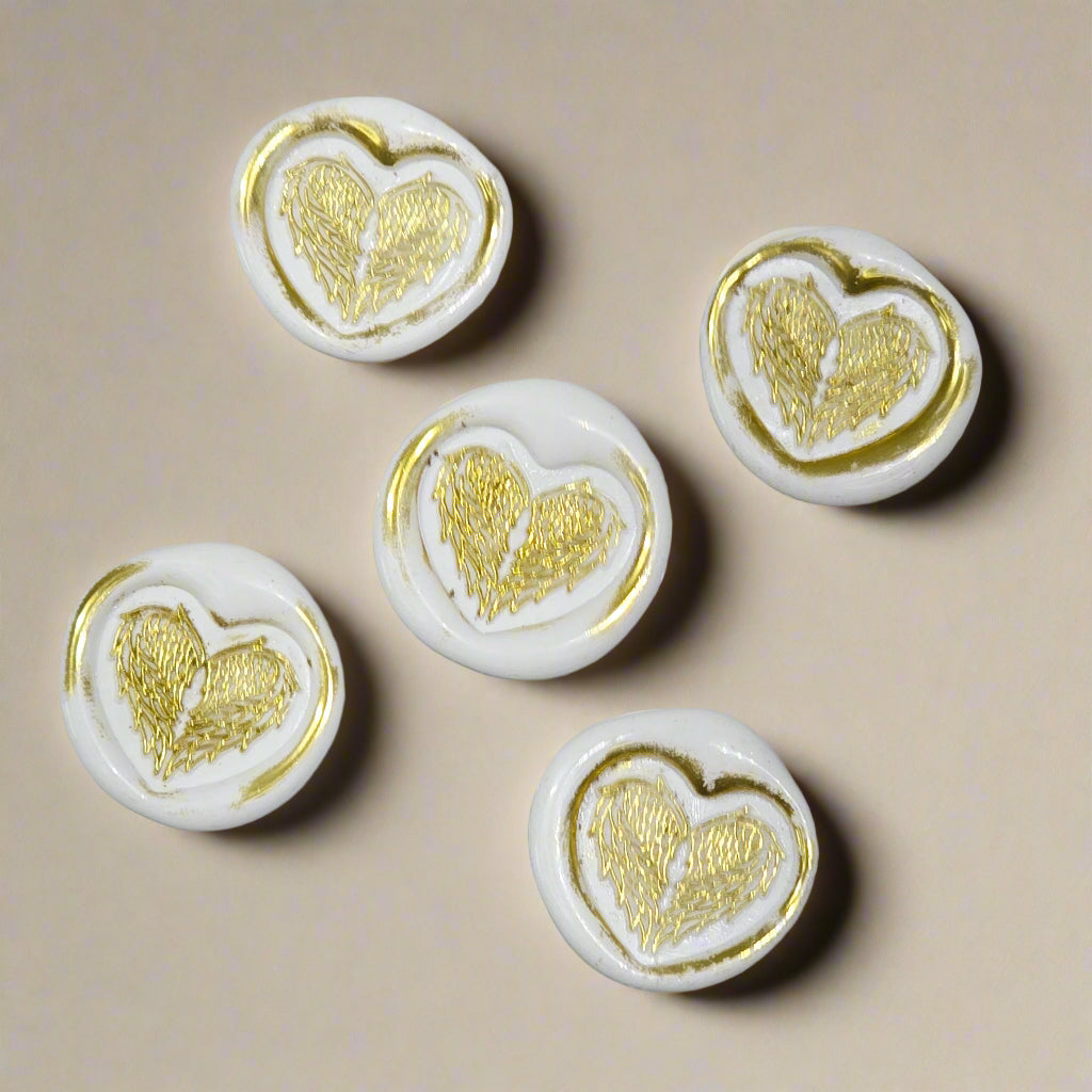 Angel Wings Heart Wax Seals White & Gold Set of Five, with Adhesive Wax Seals for Cards, Invitations and Gifts