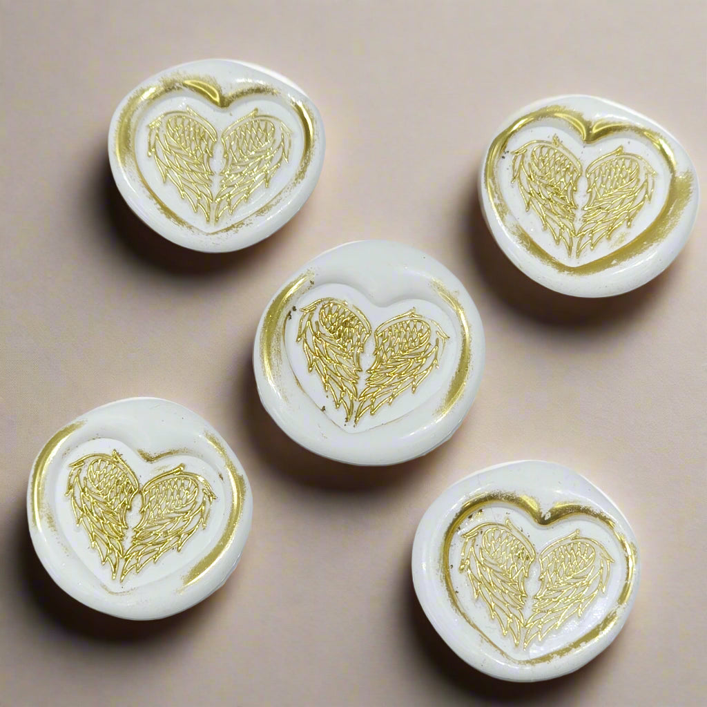 Angel Wings Heart Wax Seals White & Gold Set of Five, with Adhesive Wax Seals for Cards, Invitations and Gifts