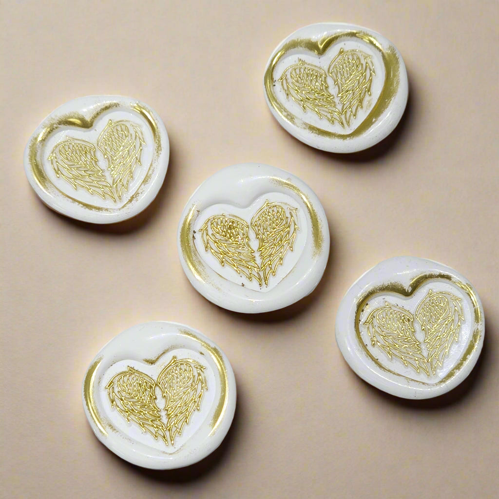 Angel Wings Heart Wax Seals White & Gold Set of Five, with Adhesive Wax Seals for Cards, Invitations and Gifts