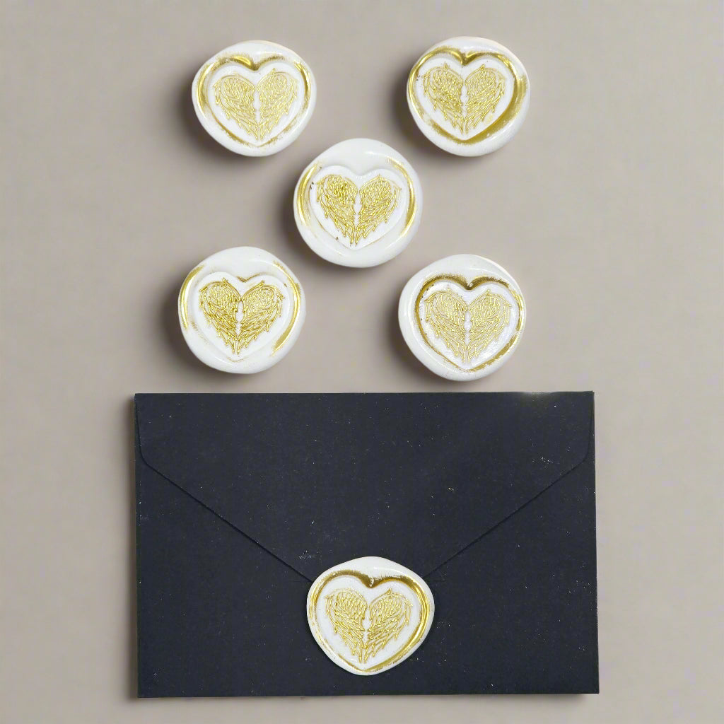 Angel Wings Heart Wax Seals White & Gold Set of Five, with Adhesive Wax Seals for Cards, Invitations and Gifts