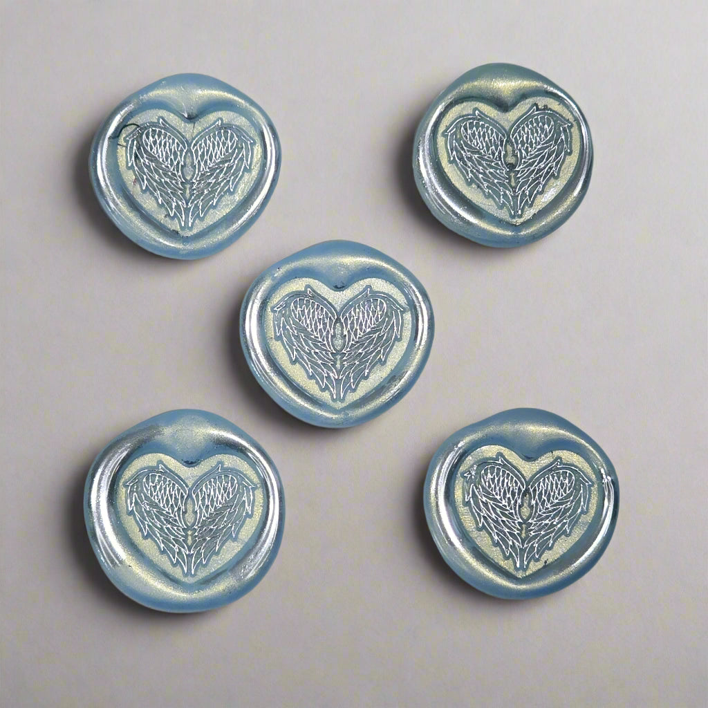 Angel Wings Heart Wax Seals Ice Blue & Silver Set of Five, with Adhesive Wax Seals for Cards, Invitations and Gifts
